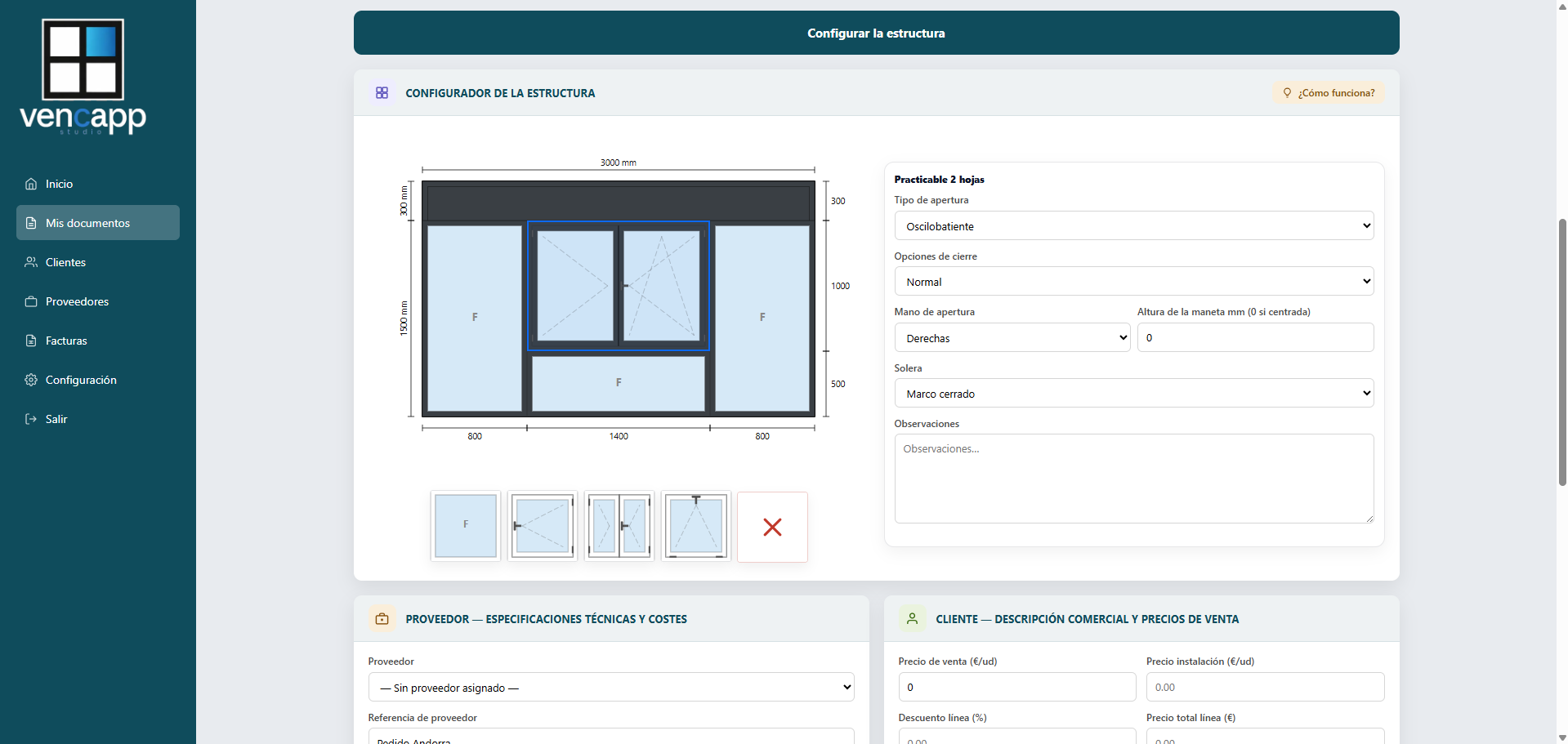 Configurador técnico SVG de cerramientos de aluminio y PVC — Vencapp