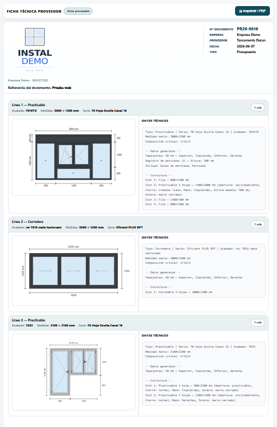 Ficha técnica PDF para proveedor de cerramientos de aluminio — Vencapp